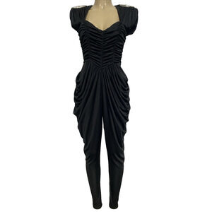 Climax Karen Okada Black Jumpsuit V Neck Draped Embellished Vintage Ruched XS